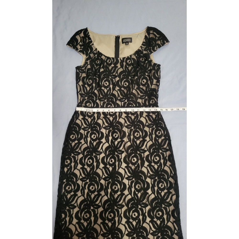Adrianna Papell Black Lace Overlay Sheath Dress Scoop Neck Cap Sz 6(FLAW) - Picture 8 of 13